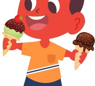 アイスクリームの漫画のキャラクターを食べる幼年期アイコン少年