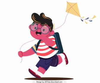 Kindheit-Ikone Junge Spielen Kite-Symbol Cartoon-Charakter