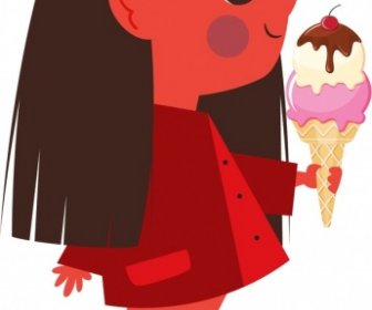 アイスクリームの漫画のキャラクターを食べる幼年期アイコン女の子