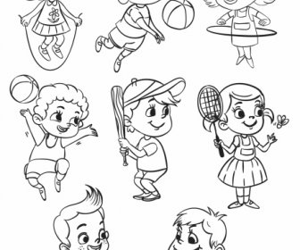 Icone Dell'infanzia Attività Schizzo Nero Bianco Cartone Animato Disegnato A Mano