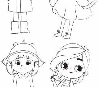 Icone Dell'infanzia Simpatiche Ragazze Schizzo Cartone Animato Disegnato A Mano