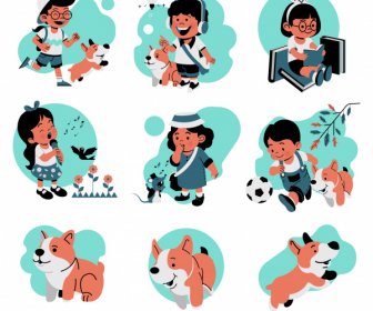 Childhood Icons Cute Kids Puppies Sketch Cartoon Design
