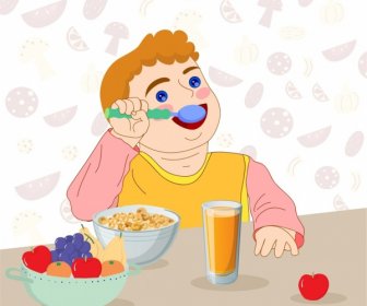 Childhood Painting Boy Eating Breakfast Icon Cartoon Design
