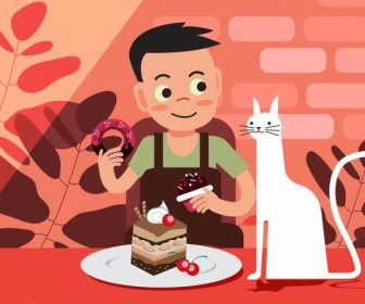 Masa Kecil Melukis Anak Laki-laki Makan Kue Ikon Karakter Kartun