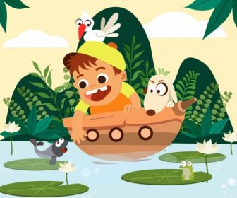 детство, живопись мальчик корабль рыбы иконы мультфильм дизайн