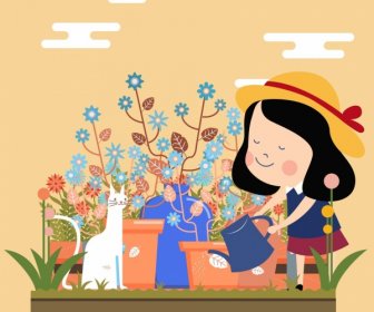 Diseño De Dibujos Animados De Gato De Infancia Pintura Chica Trabajo En El Jardín
