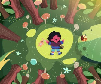 童年繪畫快樂孩子叢林場景卡通設計