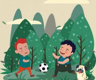Childhood Painting Joyful Kids Football Icons Cartoon Design