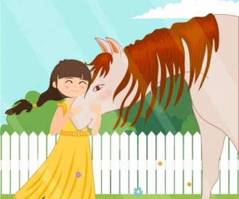 Childhood Painting Little Girl Horse Icons Cartoon Design