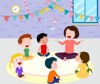 Childhood Painting Nursery Children Icons Cartoon Characters