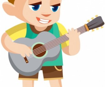 Childhood Painting Playful Boy Guitar Icons Cartoon Character