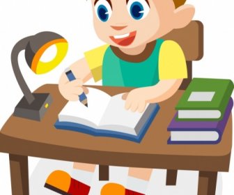 Childhood Painting Studying Boy Icon Colored Cartoon Sketch