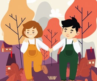 Anak Lukisan Pasangan Muda Berwarna Ikon Desain Kartun