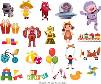 Brinquedos Da Infância ícones Objetos Coloridos Esboço