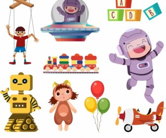 Childhood Toys Icons Cute Colorful Sketch