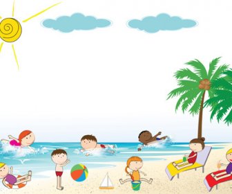 Children And Beach Summer Background Vector