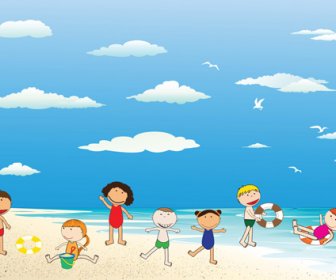 Anak-anak Dan Pantai Musim Panas Latar Belakang Vektor