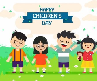 Children Day Banner Cute Kids Icons Colored Cartoon
