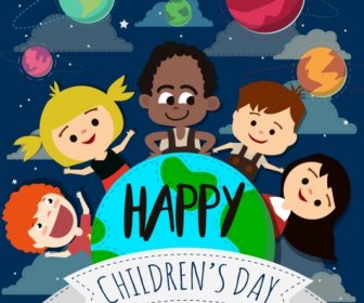 Children Day Banner Kids Planets Globe Icons Decoration