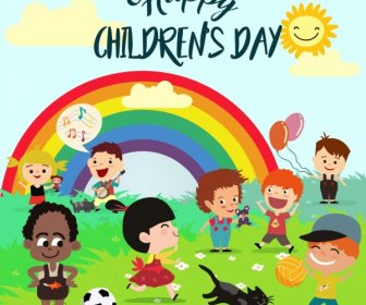 Children Day Poster Multicolored Cartoon Kids Rainbow Icons