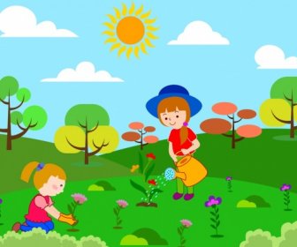 Children Planting Flowers Theme Colorful Cartoon Sketch