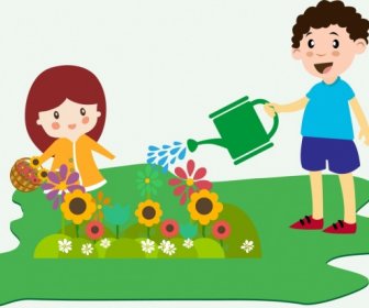 Los Niños Plantando Flores Tema Colorido Estilo De Diseño