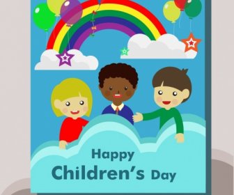 兒童日海報彩色彩虹氣球和兒童