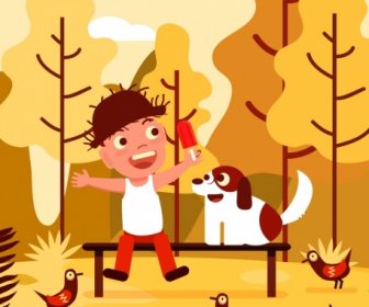 Chilhood 犬の小さな男の子を描く鳥のアイコン
