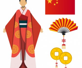 Elemen Desain Cina Berwarna Sketsa Simbol Oriental Datar