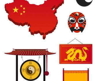 Elemen Desain Cina Berwarna Sketsa Simbol Oriental