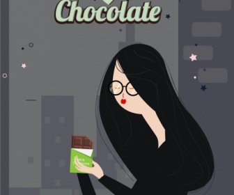 女性デザインの古典的な漫画を食べるチョコレートの広告
