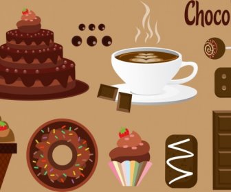 Cokelat Elemen Desain Berbagai Makanan Lezat Ikon