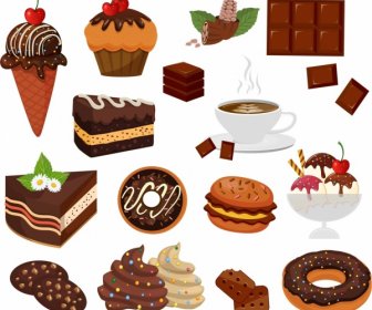 チョコレート製品、デザイン要素、ケーキ、クリーム、コーヒーのアイコン