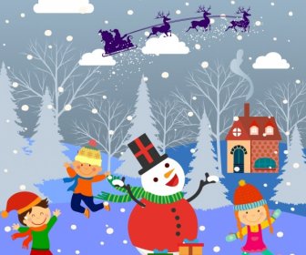 Christmas Background Design Children And Snowman Decoration
