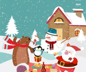 Новогодний фон дизайн с милые животные и Санта