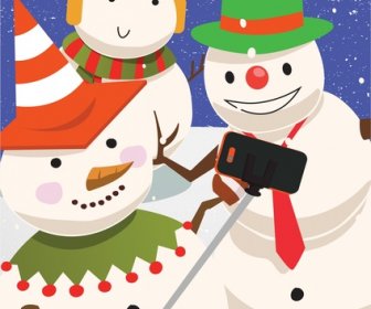 Christmas Background Design With Snowmen Taking Selfie