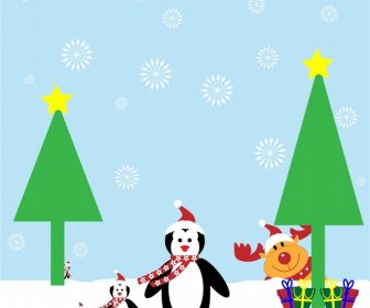 Ilustrasi Latar Belakang Natal Dengan Salju Dan Penguin