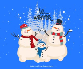 圣诞节背景快乐雪人家庭素描