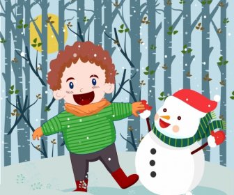 Noël Fond Enfant Bonhomme De Neige Stylisé Icônes Colorées Dessin Animé