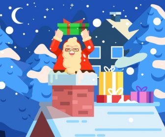 Christmas Background Santa Chimney Icons Cartoon Design