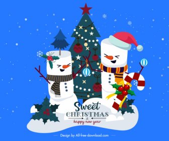 Natal Latar Belakang Manusia Salju Dihiasi Pohon Cemara Desain Kartun