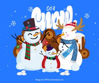 Christmas Background Snowman Family Sketch Cute Cartoon Design