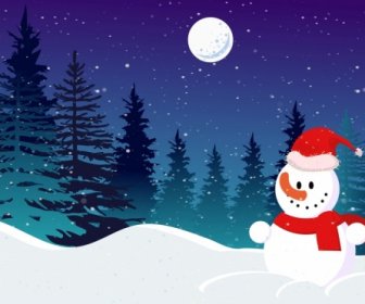 Christmas Background Snowman Moonlight Snowy Landscape Decor