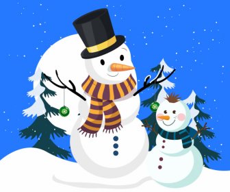 Christmas Background Template Cute Snowman Snowy Scene Sketch