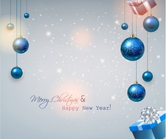 Новогодний фон с подарками и синие шарики.