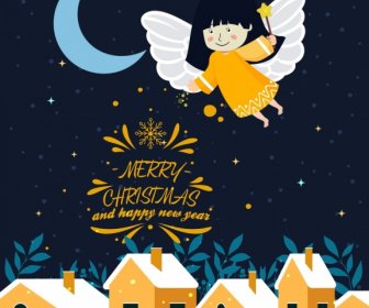 Christmas Banner Angel Crescent Icons Decor Colored Cartoon