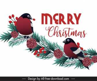 Christmas Banner Bright Colored Birds Pine Branch Decor
