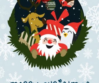 Christmas Banner Classical Design Santa Reindeer Pigeon Icons
