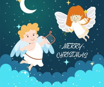 크리스마스 배너 귀여운 천사 아이콘 컬러 만화 디자인