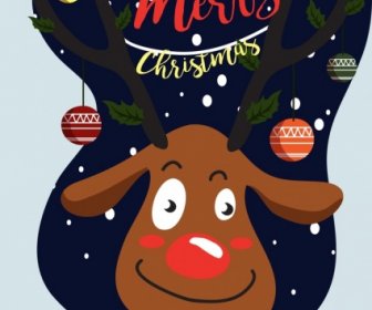 Christmas Banner Cute Stylized Reindeer Icon Decorated Horn